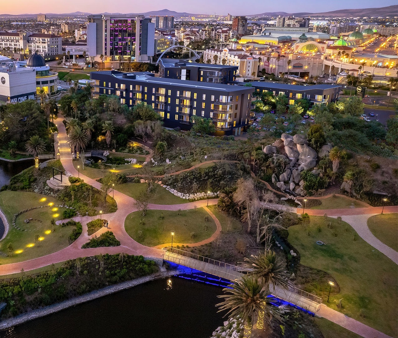 Century City at twilight – the Colosseum precinct with Table Mountain beyond