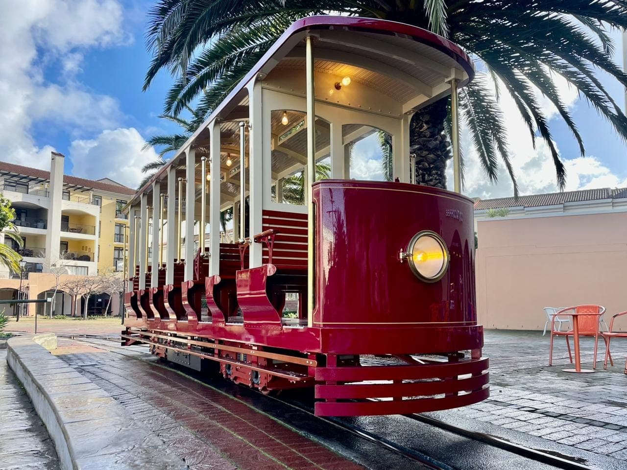 The Century City Tramway, an electric streetcar styled on 1920s trams, looping through the precinct